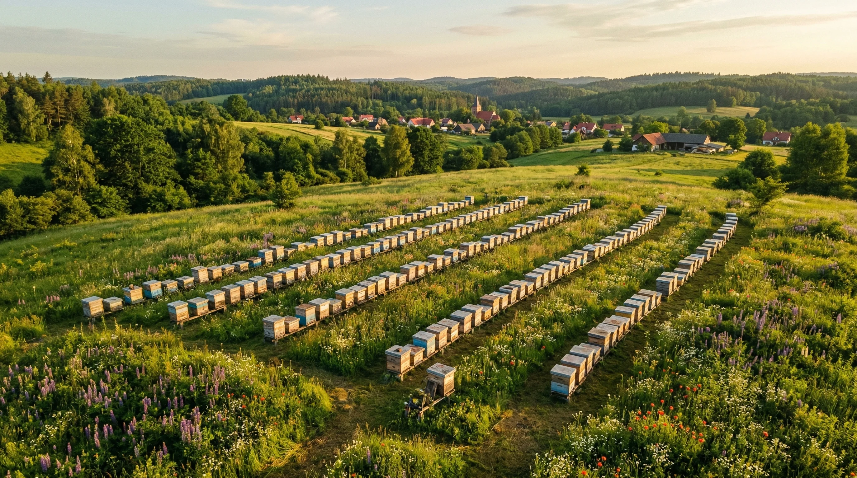 Pasieka na polskiej łące w porannym świetle