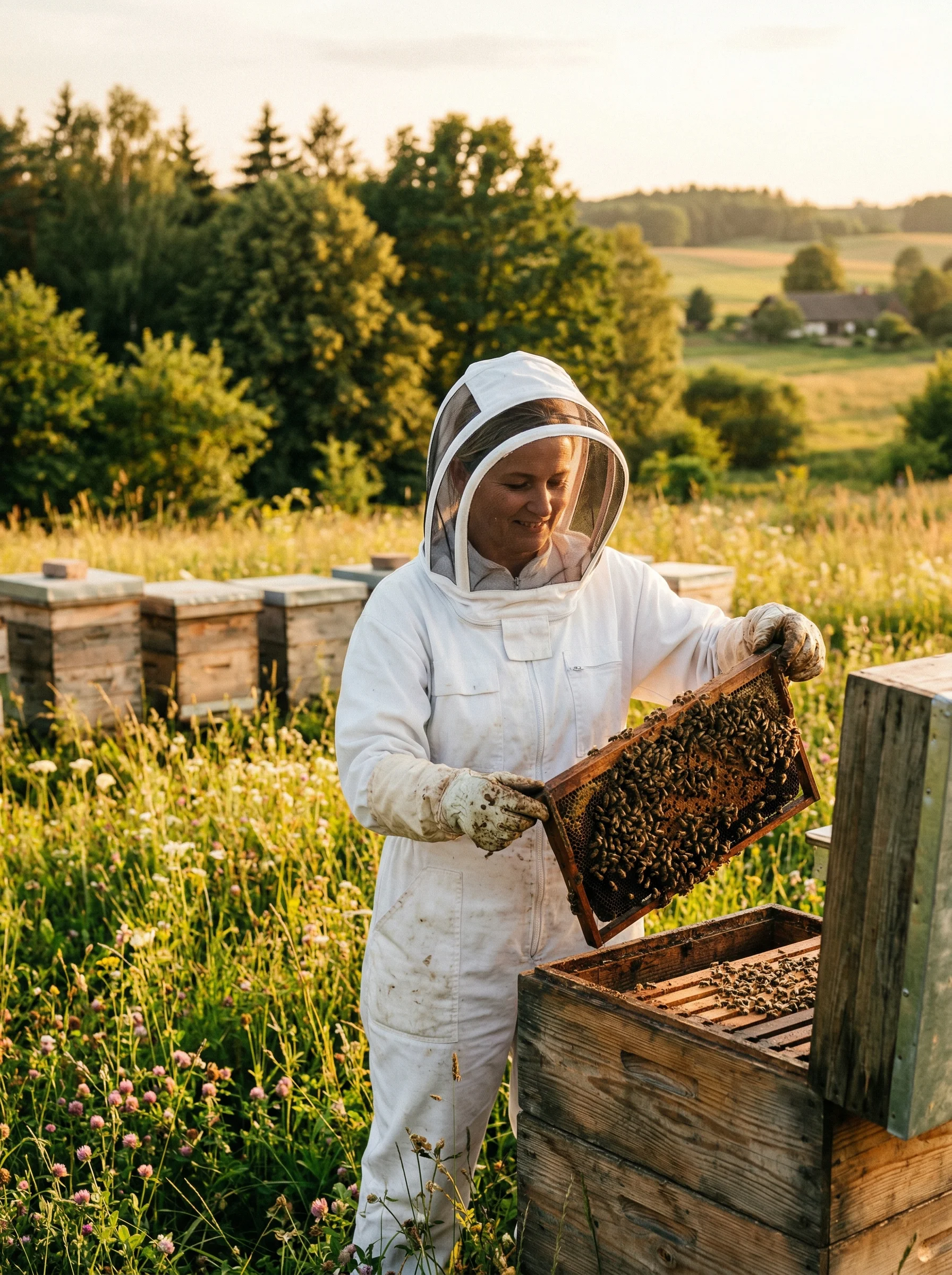 Doświadczony pszczelarz kontrolujący ramkę z pszczołami