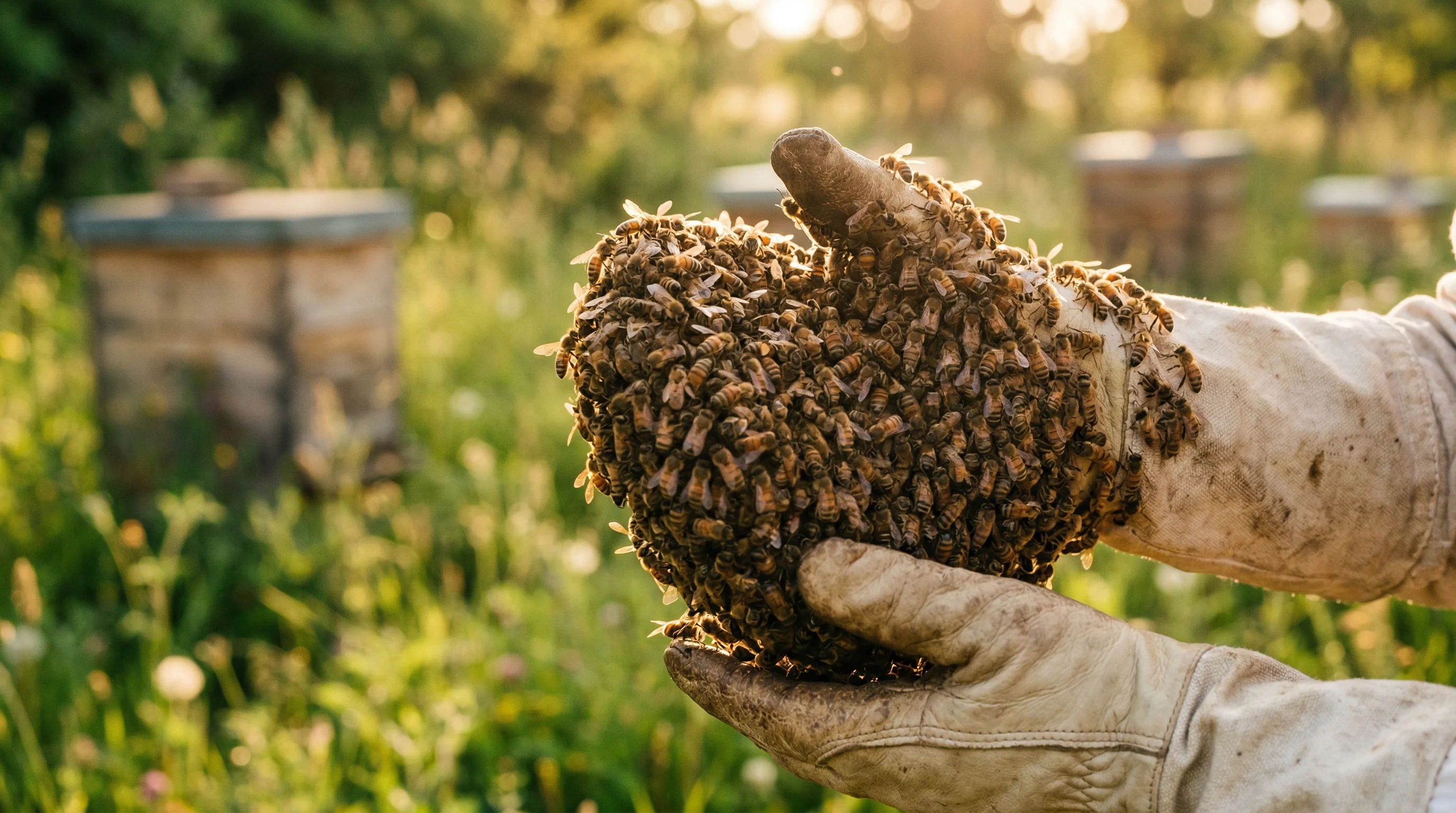 Pszczelarz trzymający pakiet pszczeli w słonecznej pasiece